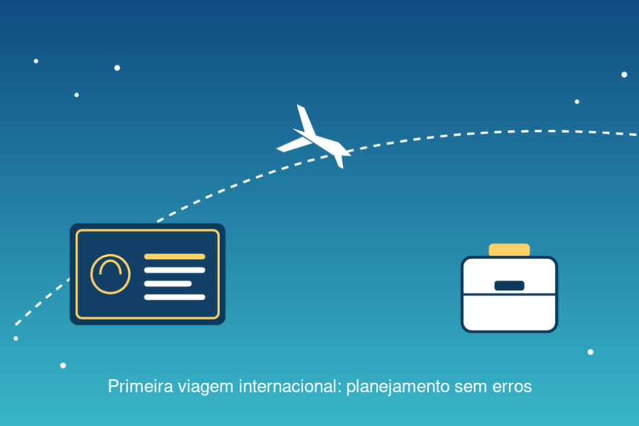 Ilustração de planejamento de viagem internacional com passaporte, avião e mala pronta para embarque