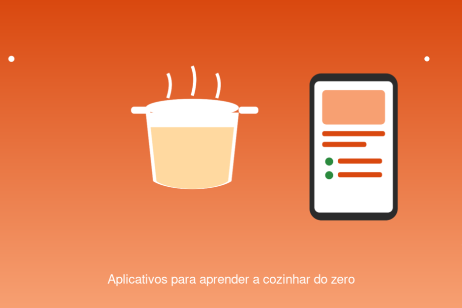 Ilustração de panela no fogão e celular com app de receitas passo a passo