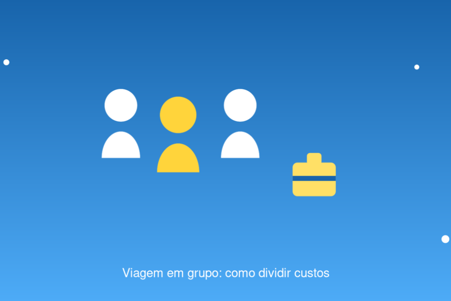 Ilustração de três pessoas e mala de viagem representando divisão de custos em viagem em grupo