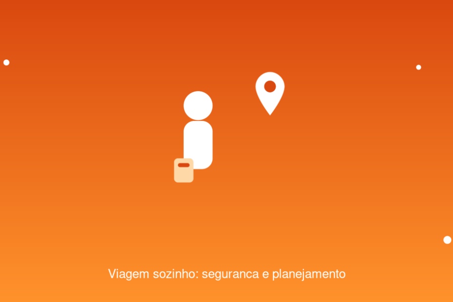 Ilustração de pessoa viajando sozinha com mala e pino de localização representando planejamento e segurança